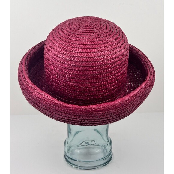 VTG Laura Ashley Italy Pink Red Raffia Straw Hat Rolled Brim Coche Style Cottage main image 11